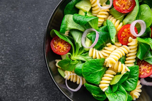 pasta green salad Fusilli tomato cucumber green leaf mix salad healthy meal food snack