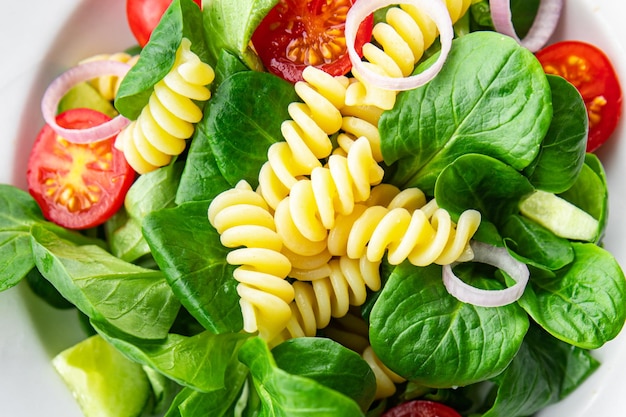 pasta green salad Fusilli tomato cucumber green leaf mix salad healthy meal food snack