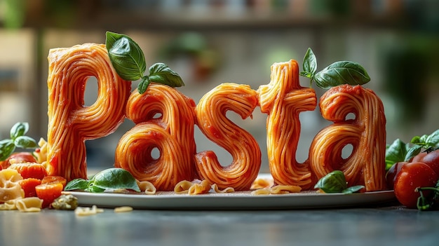 Pasta letters with fresh basil and tomatoes invite you to a tasty meal