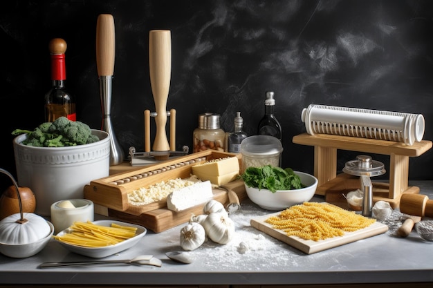 Pasta making station with rolling pin cheese grater and other tools created with generative ai