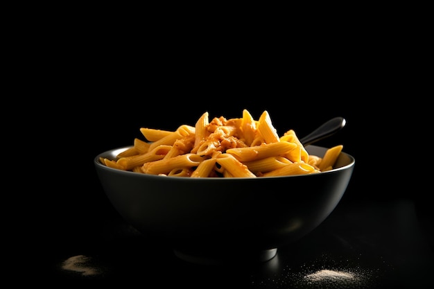 Pasta penne in a black bowl on black bakground AI generated