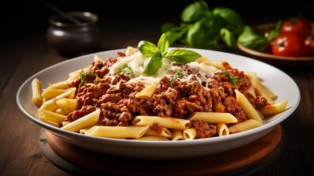 Pasta penne bolognese in white plate on dark background Bolognese sauce is classic italian cuisine dish Pasta with tomato sauce parmesan cheese basil served on wooden table