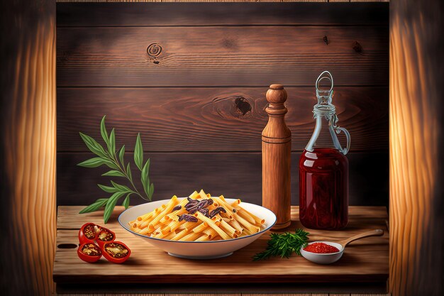 Pasta penne with dried tomatoes olive oil and tomato sauce in the backdrop a wooden backdrop