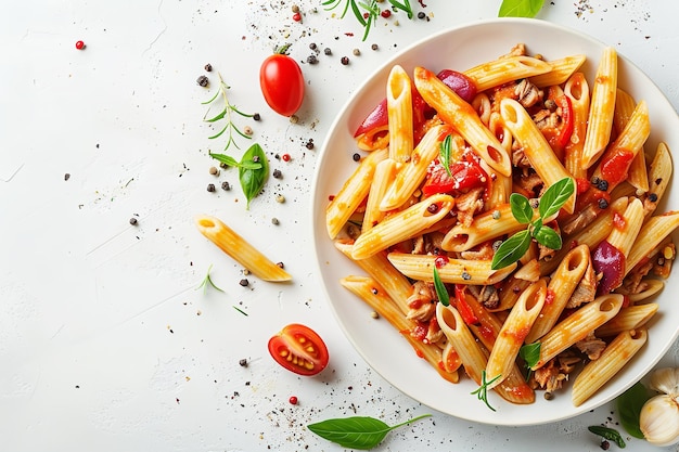 Photo pasta penne with tuna and vegetables on a bowl a top view and close shot with a clean white background and a big space for text generative ai