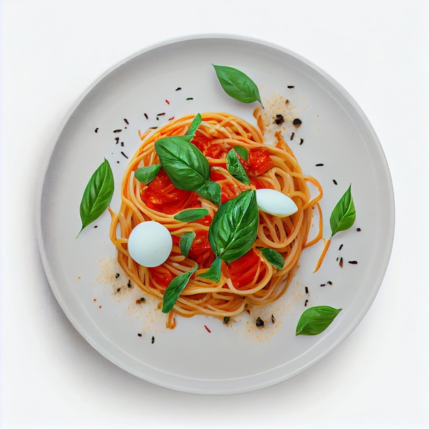 Pasta on Plate with Basil Leaves Generative AI