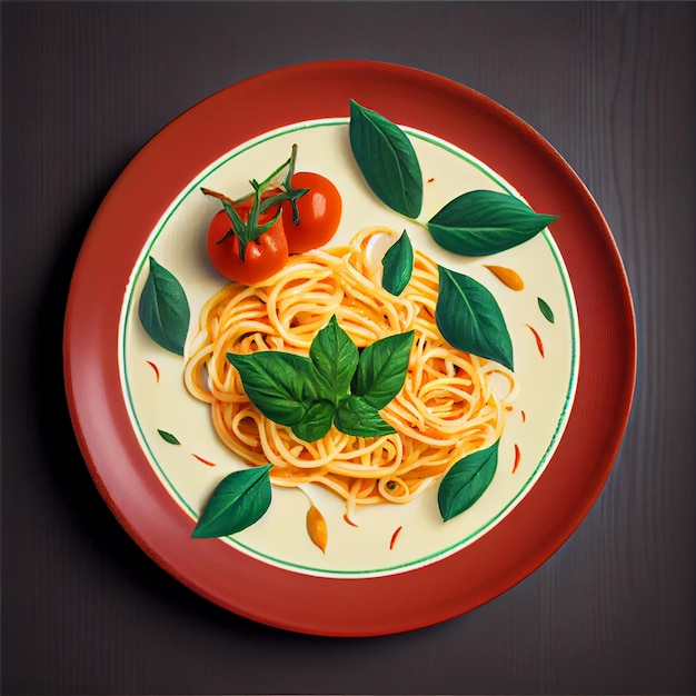 Pasta on Plate with Basil Leaves Generative AI