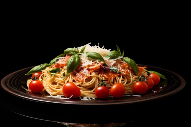 Pasta plate with tomatoes on slate