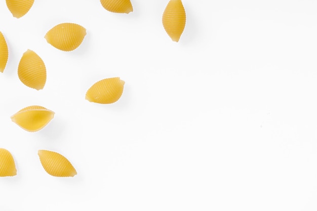 Pasta products in the form of a shell texture on a white background closeup