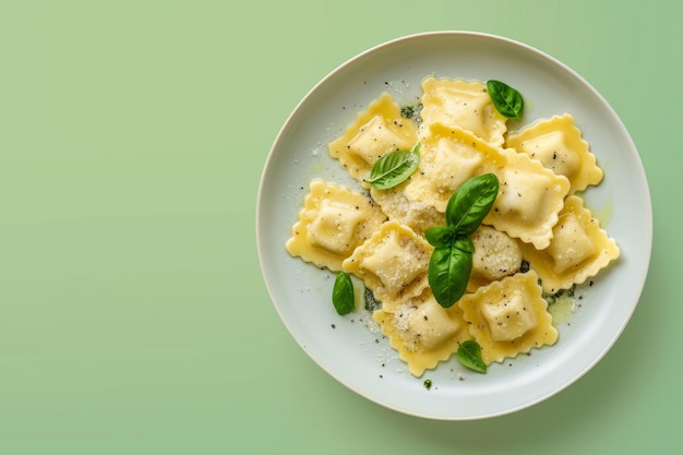 Pasta Ravioli with Ricotta and Spinach Light green color background top view Space for text