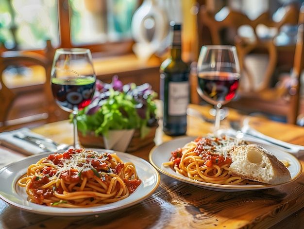 Photo pasta and red wine dinner with fresh salad on wooden table