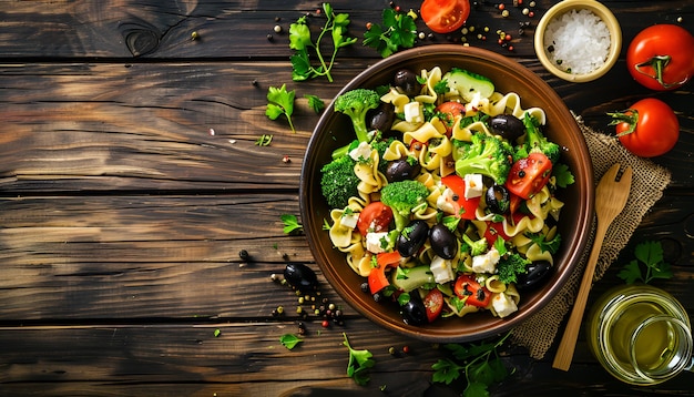 Pasta salad with tomato broccoli black olives and cheese feta on wooden table top view