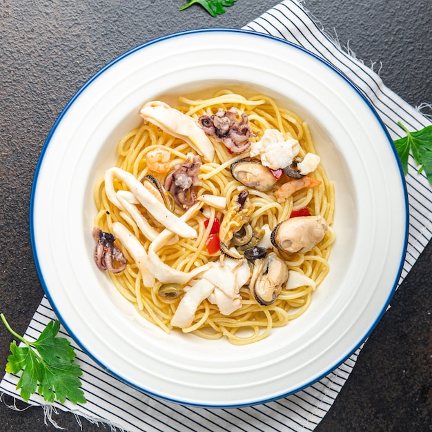 Pasta seafood spaghetti healthy meal snack on the table copy space food background