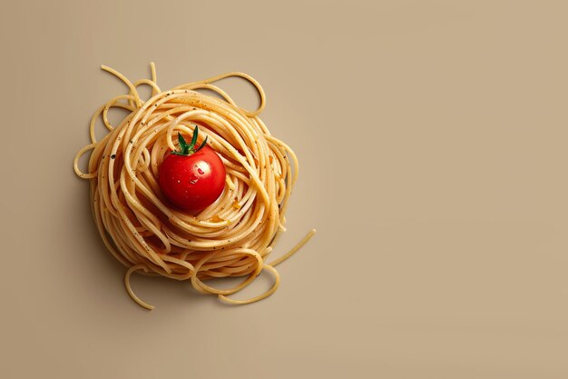 Photo pasta spaghetti close up cherry tomato light brown background top view space for text