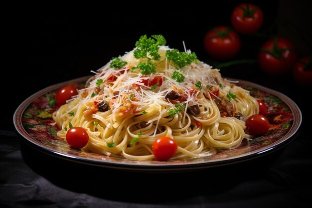 Pasta spaghetti with tomato sauce and cheese served on plate