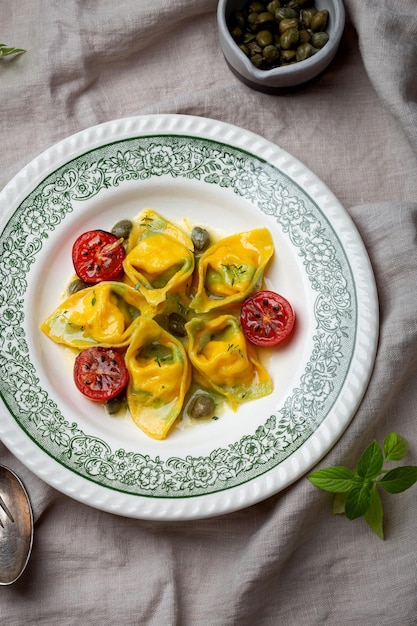 Pasta tortellini with shrimp and ricotta in butter sauce