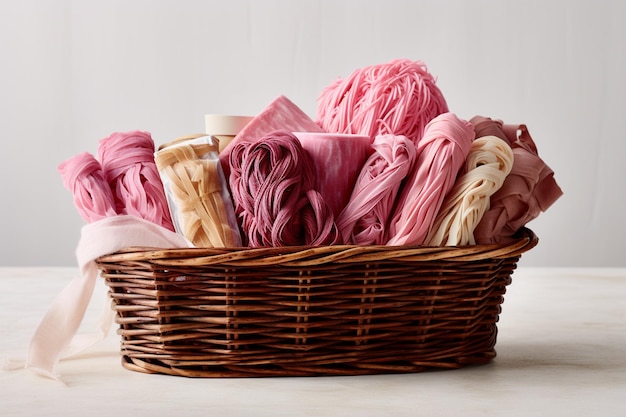 Pasta varieties in rustic basket with a wooden rolling pink on marble table