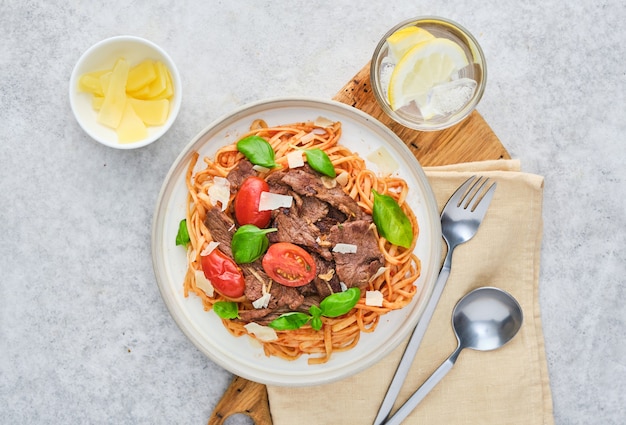 Pasta with cheese, beef and vegetables.