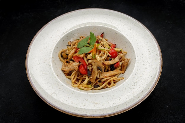 Pasta with chicken mushrooms and vegetables