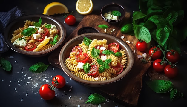 pasta with feta cheese tomatoes and lemons in the wooden bowl