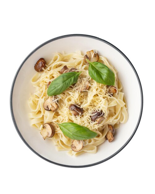 pasta with mushrooms cheese and basil in a plate on a white background