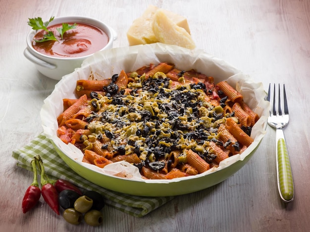 Pasta with olives tomato and cheese