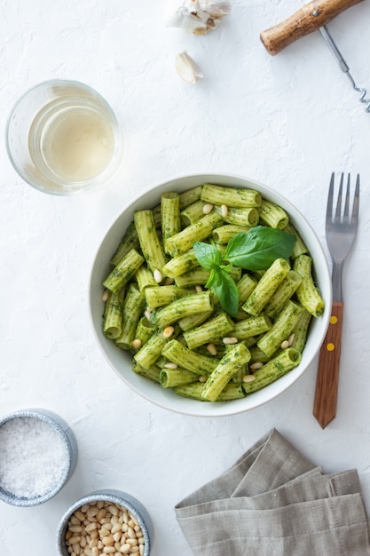 Pasta with pesto sauce. Italian cuisine. Healthy eating. Vegetarian food.