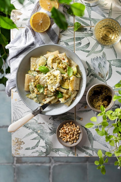 Pasta with pesto sauce zucchini and ricotta cheese