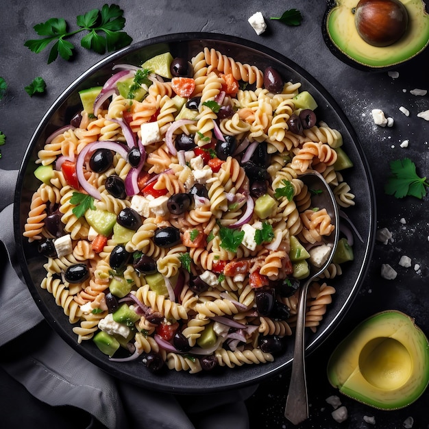 Pasta with salad tomato avocado black olives red onions and cheese feta Top view Generative AI