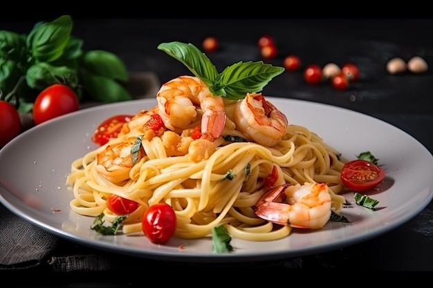 Pasta with shrimps and cherry tomatoes in light sauce