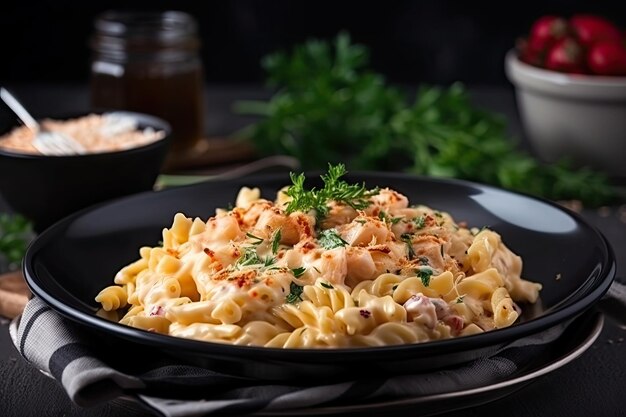 Pasta with shrimps in creamy sauce sprinkled with cheese and served on plate