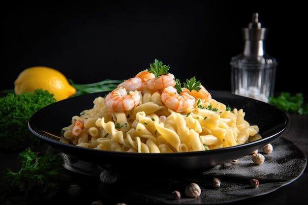 Pasta with shrimps and lemon sauce accented with fresh herbs