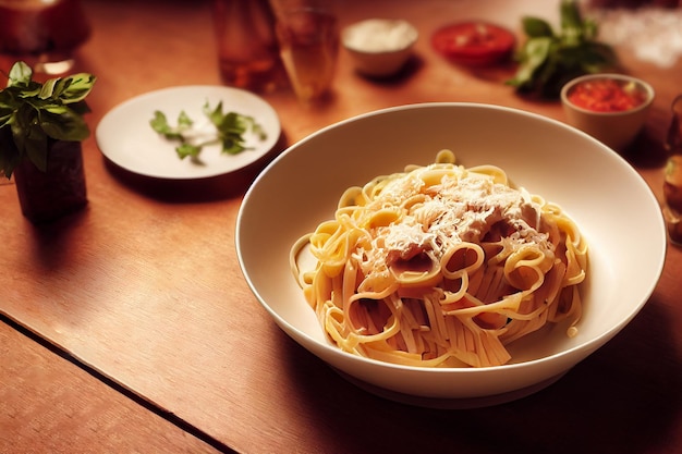 Pasta with tomato sauce cheese and basil on table in the kitchenSelective Focus 2D Illustration