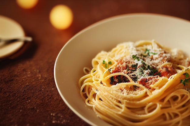 Pasta with tomato sauce cheese and basil on table in the kitchenSelective Focus 2D Illustration