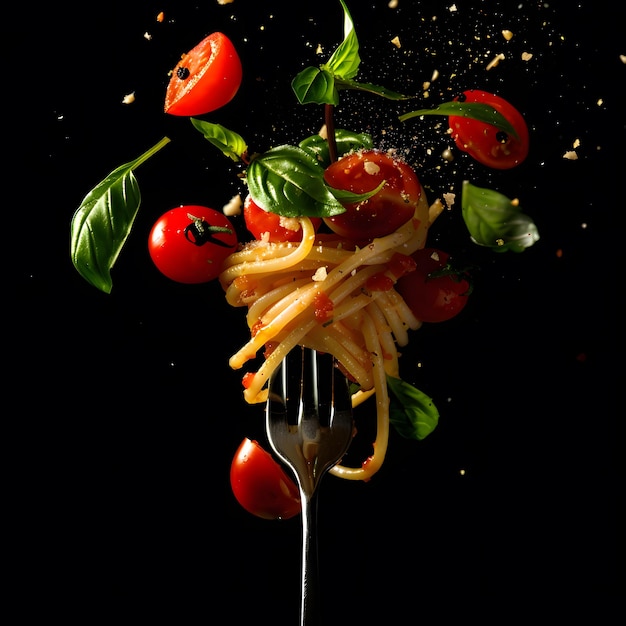 Photo pasta with tomatoes and basil on a fork with levitating tomatoes and basil ltra fine details food