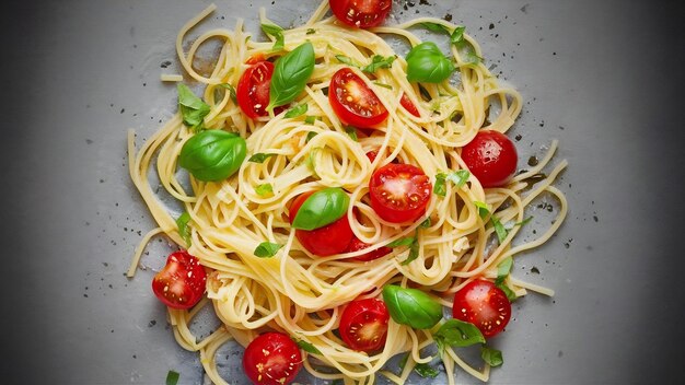 Pasta with tomatoes and basil on a gray background