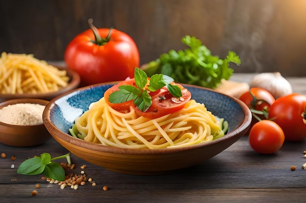 Pasta with tomatoes and basil on a wooden table