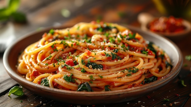 Pasta with tomatoes and spinach in a bowl An Italian spagetti dish close up parmesan cheese