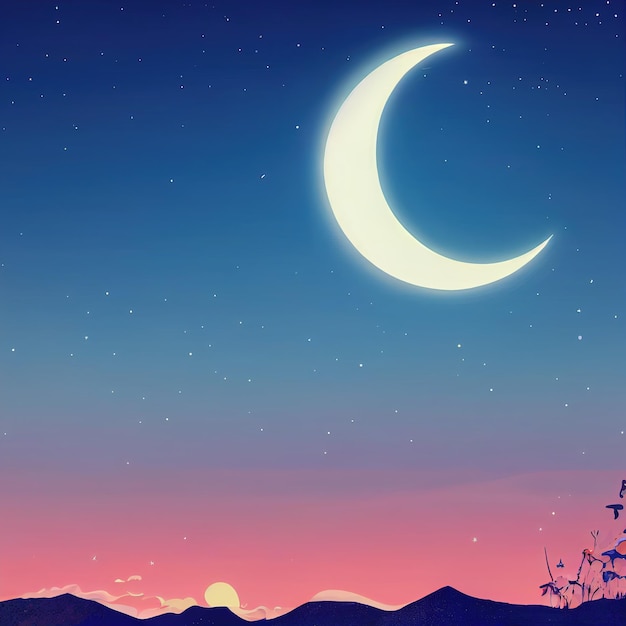 Pastel background with landscape sky mountains and moon