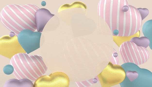 pastel background with pink blue pastel hearts and round frame 3d rendering