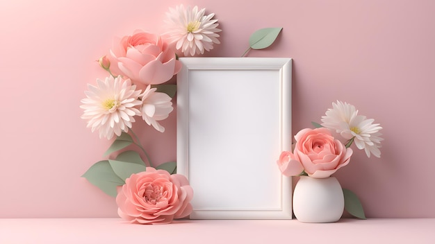 a pastel beauty picture frame with flowers and a vase soft color