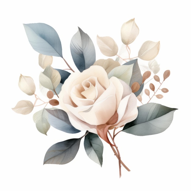 Pastel Beige Rose Eucalyptus Watercolor Illustration On White Background