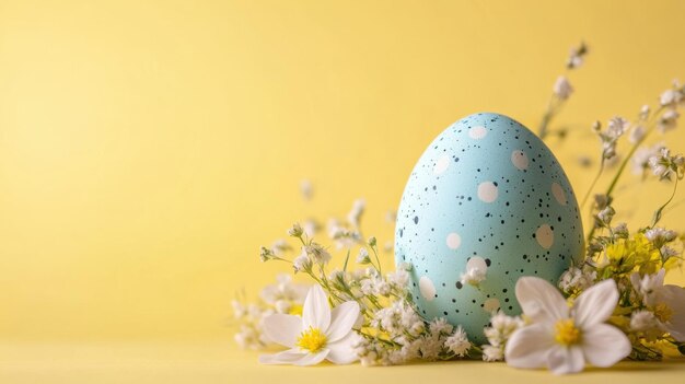 Pastel blue Easter egg adorned with delicate flowers nestled among blossoms on a sunny yellow background celebrating springtime and festive traditions