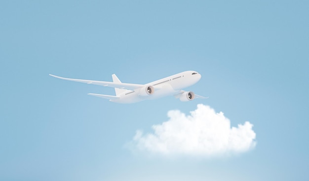 Pastel blue plane flying in the sky Plane take off and pastel background 3d render