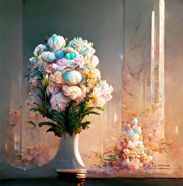 A pastel bouquet of flowers in a white porcelain vase stands in front of an elegant mirror fantasy