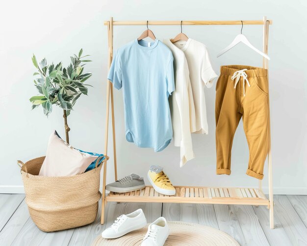 Pastel clothing on wooden rack in minimalist interior mockup ideal for stock photography flat lay