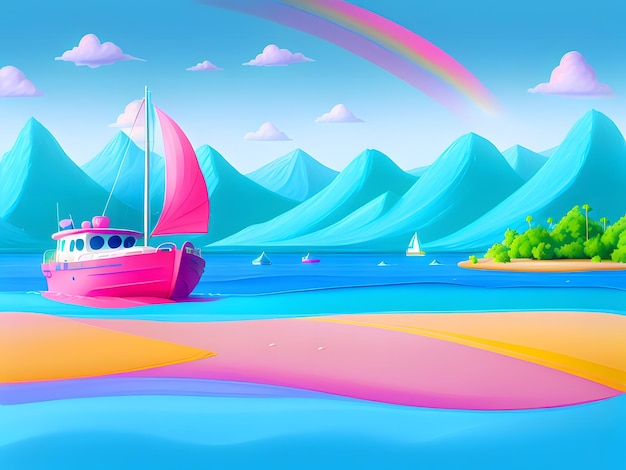 pastel cloudscape white boat rainbow blue water pink sand beach 3D rendering