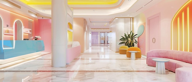 Pastel color palette interior design of a modern hotel lobby