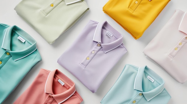 Pastel color polo shirts folded on white background