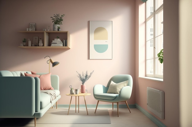 Pastel color tone cute cozy minimal style living room with furnitures