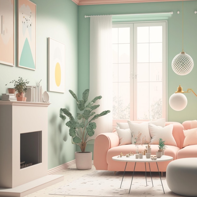 Pastel color tone cute cozy minimal style living room with furnitures